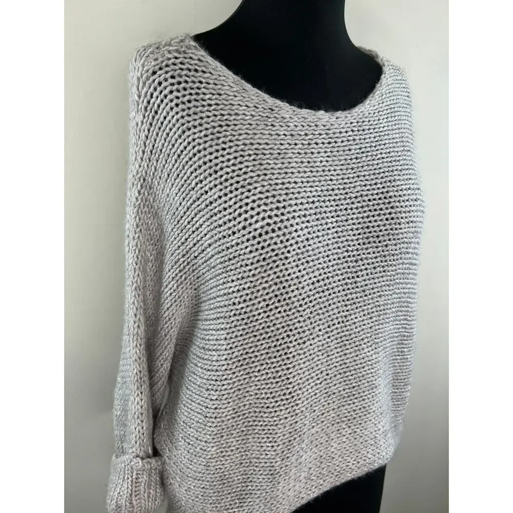 BERRETTI Gray Chunky Knit Relaxed Wool Cuffed Pullover Sweater One Size ITALY